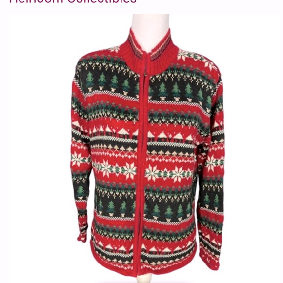 VINTAGE HEIRLOOM Fair Isle Women’s SZ LG Holiday Full Zip Sweater Cardigan EUC - Picture 1 of 12